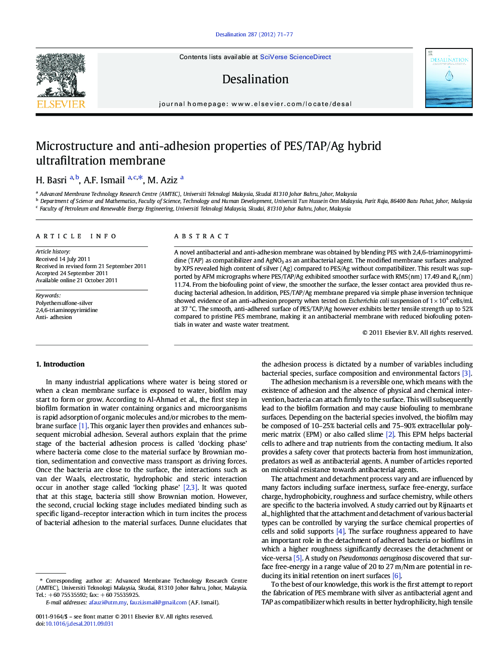 Microstructure and anti-adhesion properties of PES/TAP/Ag hybrid ultrafiltration membrane