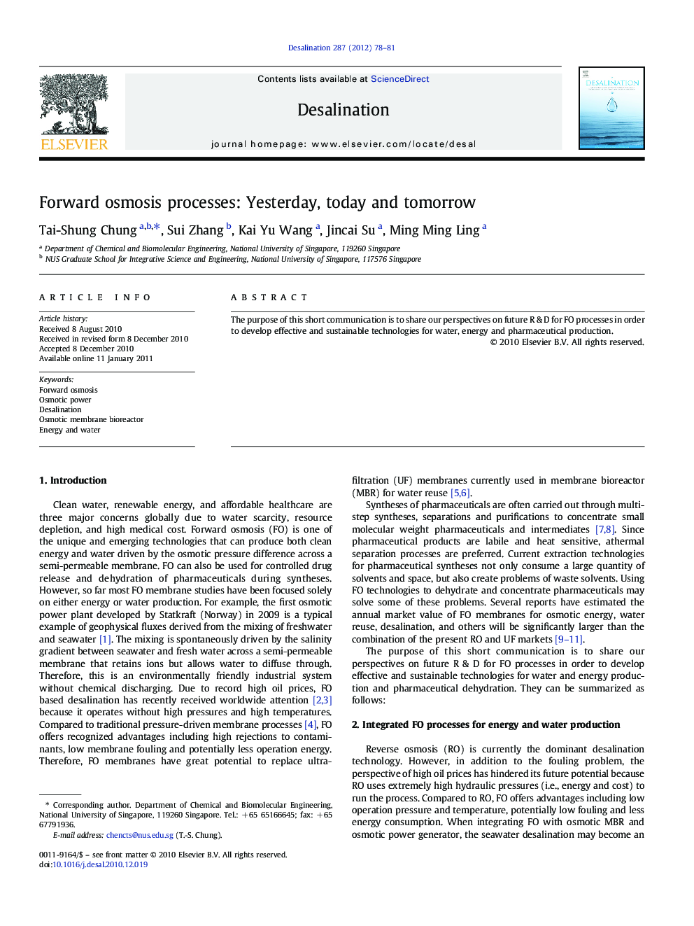 Forward osmosis processes: Yesterday, today and tomorrow