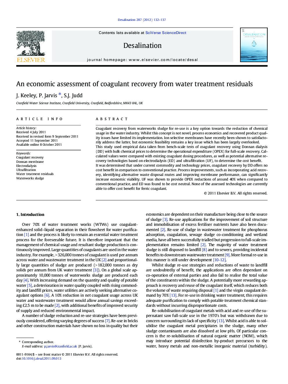 An economic assessment of coagulant recovery from water treatment residuals
