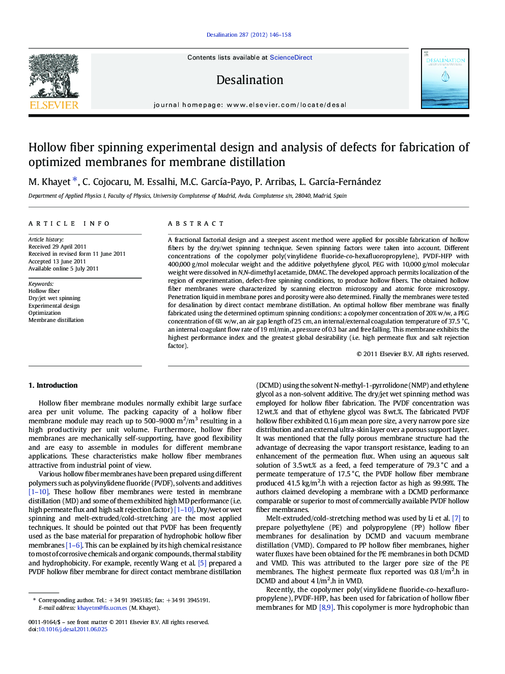 Hollow fiber spinning experimental design and analysis of defects for fabrication of optimized membranes for membrane distillation