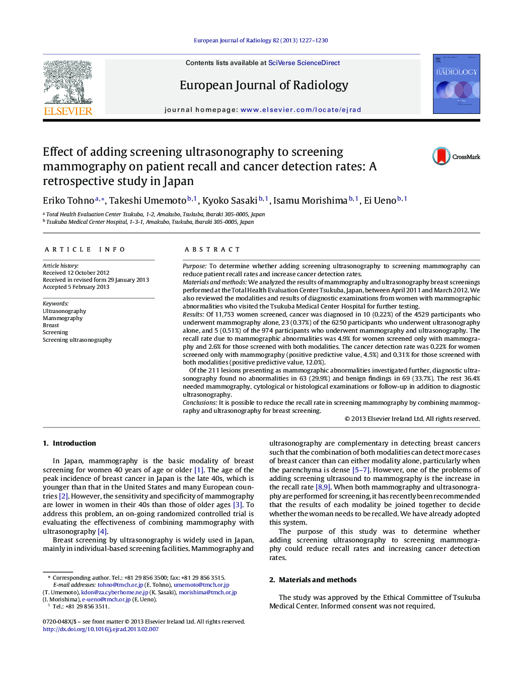 Effect of adding screening ultrasonography to screening mammography on patient recall and cancer detection rates: A retrospective study in Japan