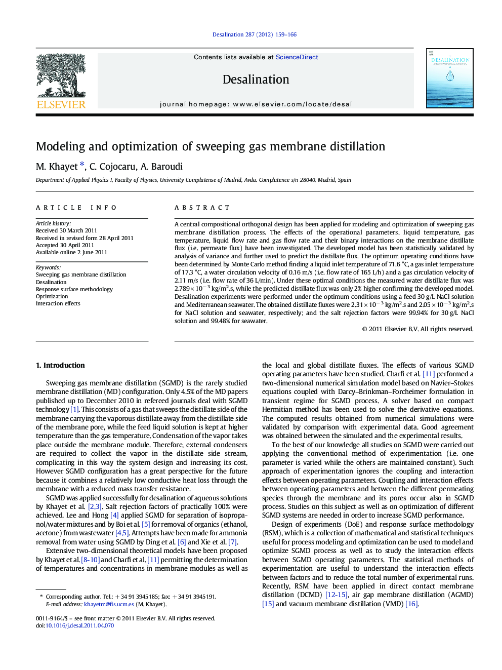 Modeling and optimization of sweeping gas membrane distillation