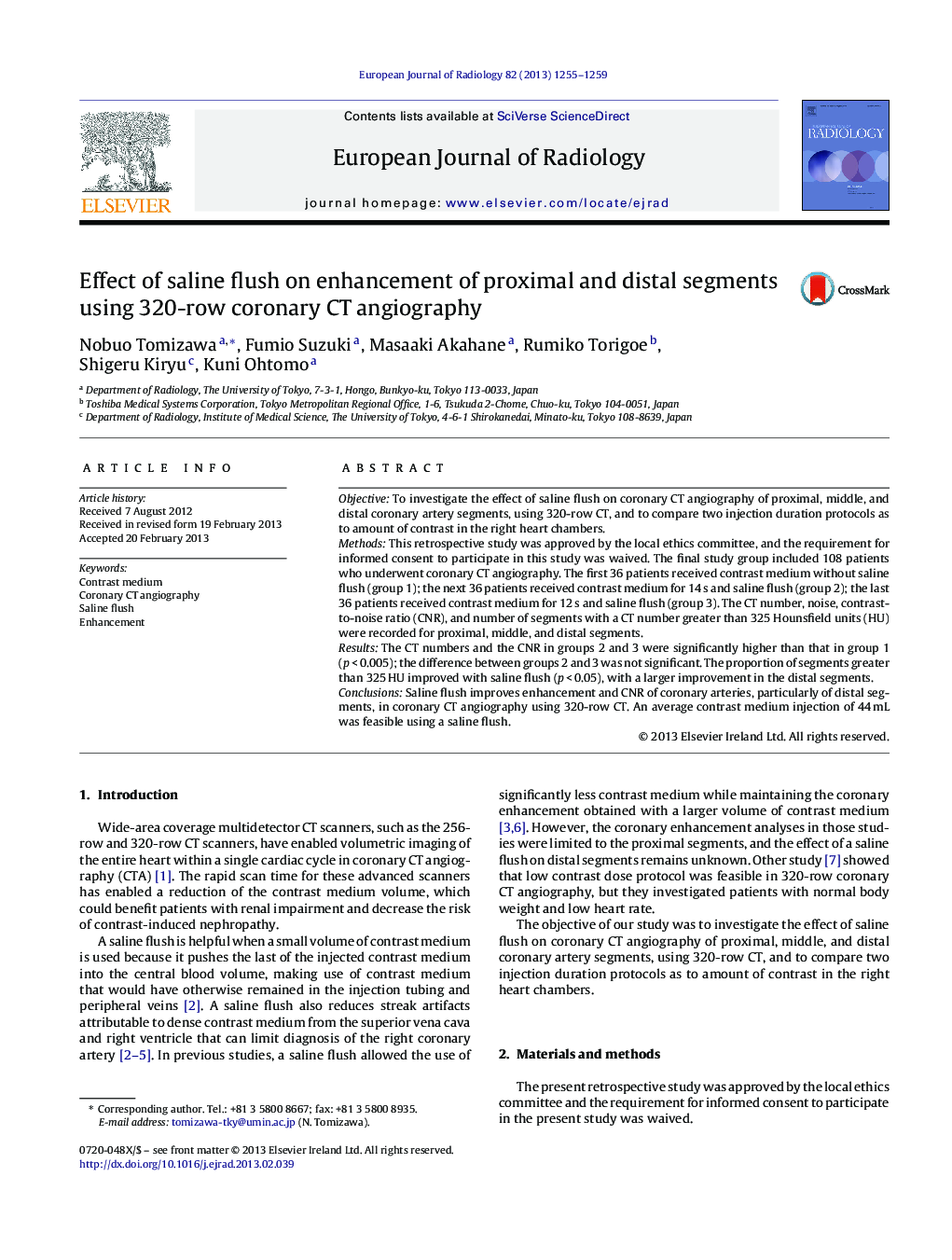 Effect of saline flush on enhancement of proximal and distal segments using 320-row coronary CT angiography