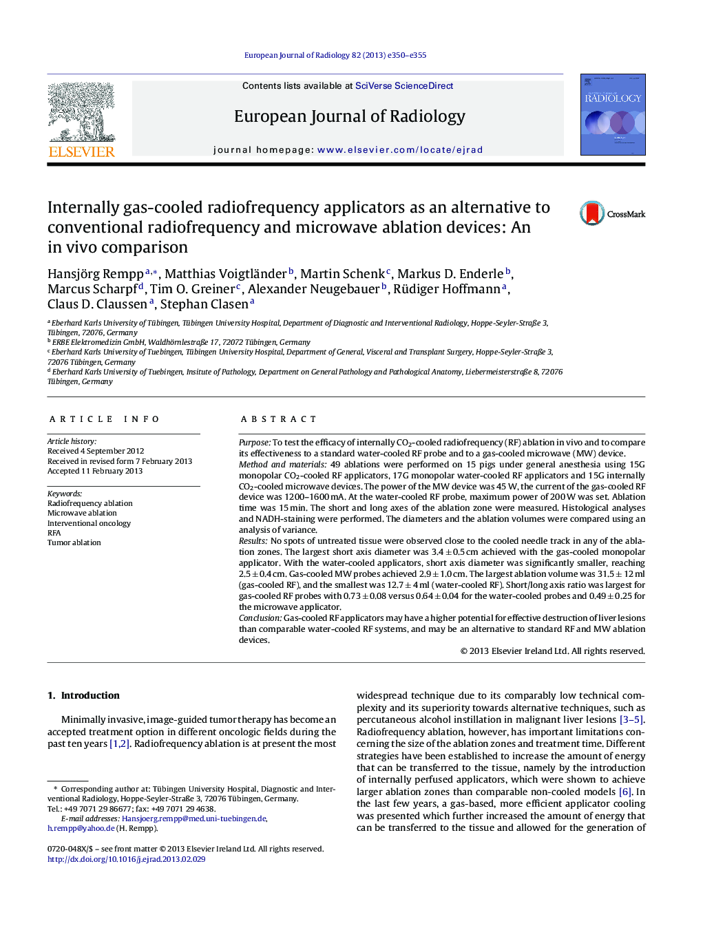 Internally gas-cooled radiofrequency applicators as an alternative to conventional radiofrequency and microwave ablation devices: An in vivo comparison