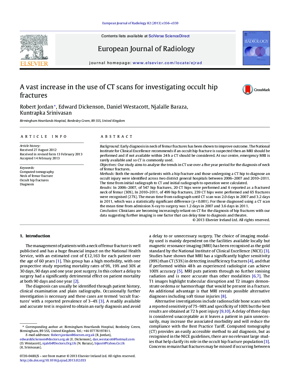 A vast increase in the use of CT scans for investigating occult hip fractures