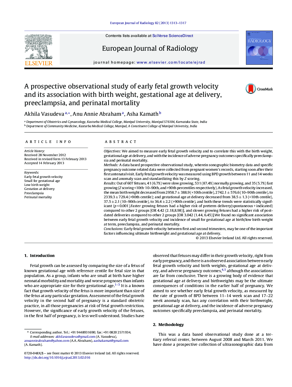 A prospective observational study of early fetal growth velocity and its association with birth weight, gestational age at delivery, preeclampsia, and perinatal mortality