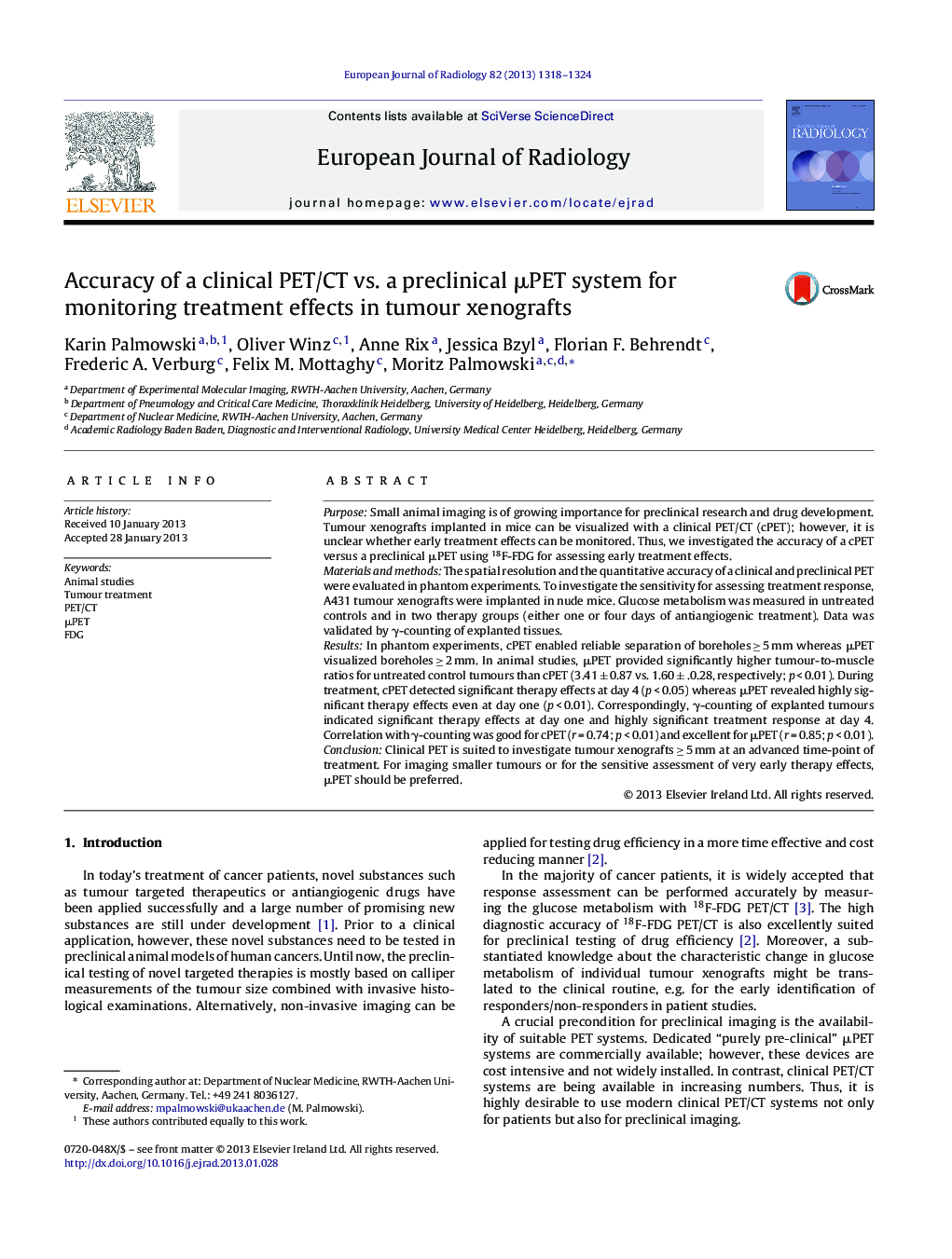 Accuracy of a clinical PET/CT vs. a preclinical Î¼PET system for monitoring treatment effects in tumour xenografts