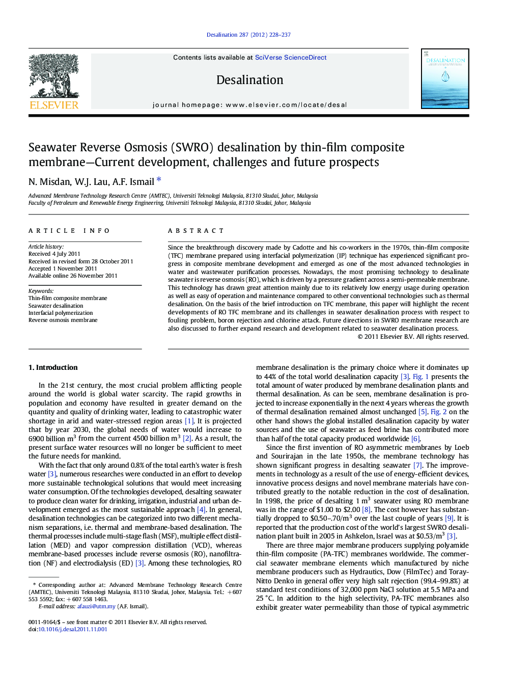 Seawater Reverse Osmosis (SWRO) desalination by thin-film composite membrane—Current development, challenges and future prospects