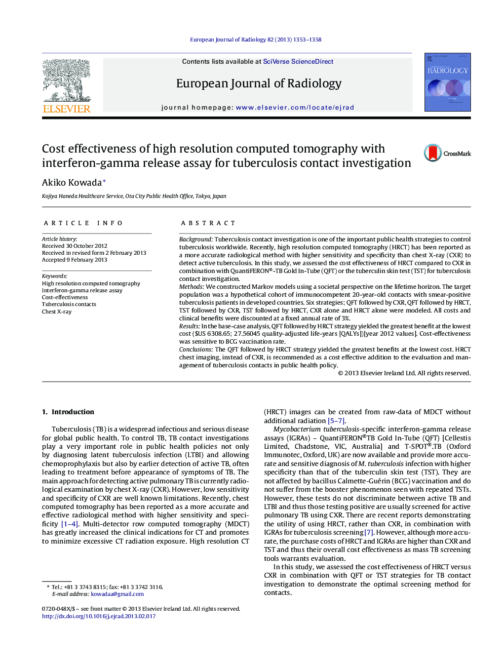 Cost effectiveness of high resolution computed tomography with interferon-gamma release assay for tuberculosis contact investigation