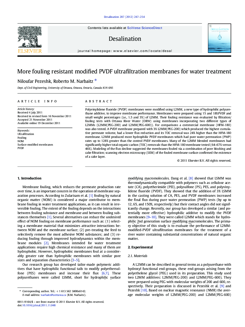 More fouling resistant modified PVDF ultrafiltration membranes for water treatment