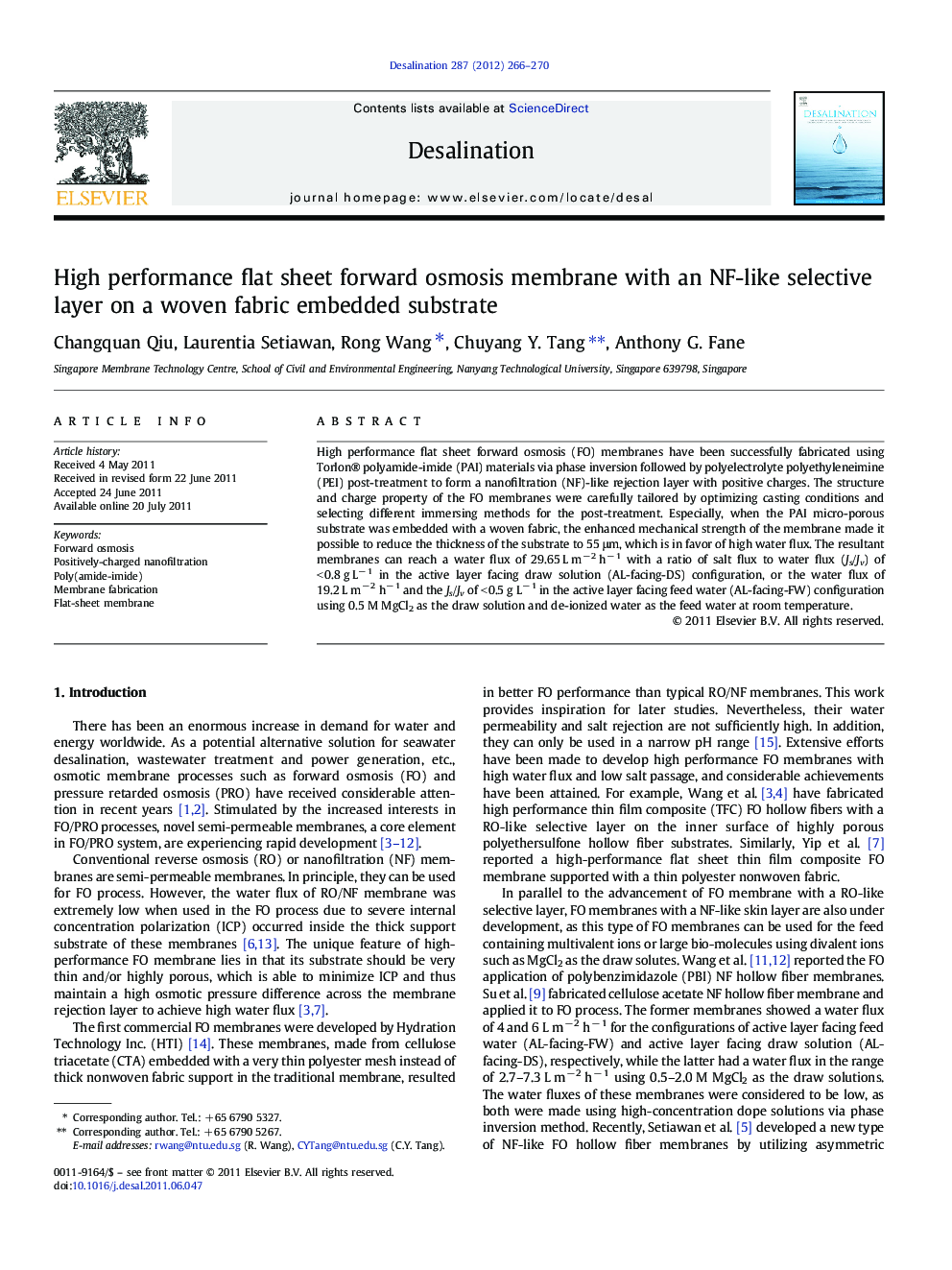 High performance flat sheet forward osmosis membrane with an NF-like selective layer on a woven fabric embedded substrate