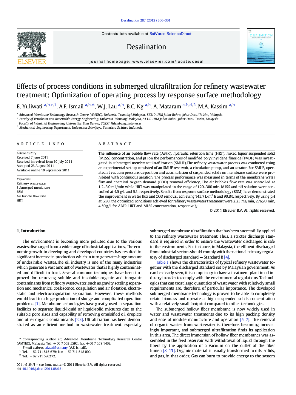 Effects of process conditions in submerged ultrafiltration for refinery wastewater treatment: Optimization of operating process by response surface methodology