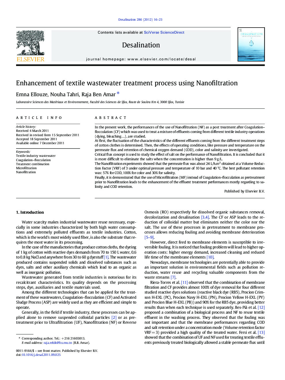 عکس صفحه اول مقاله: Enhancement of textile wastewater treatment process using Nanofiltration Enhancement of textile wastewater treatment process using Nanofiltration