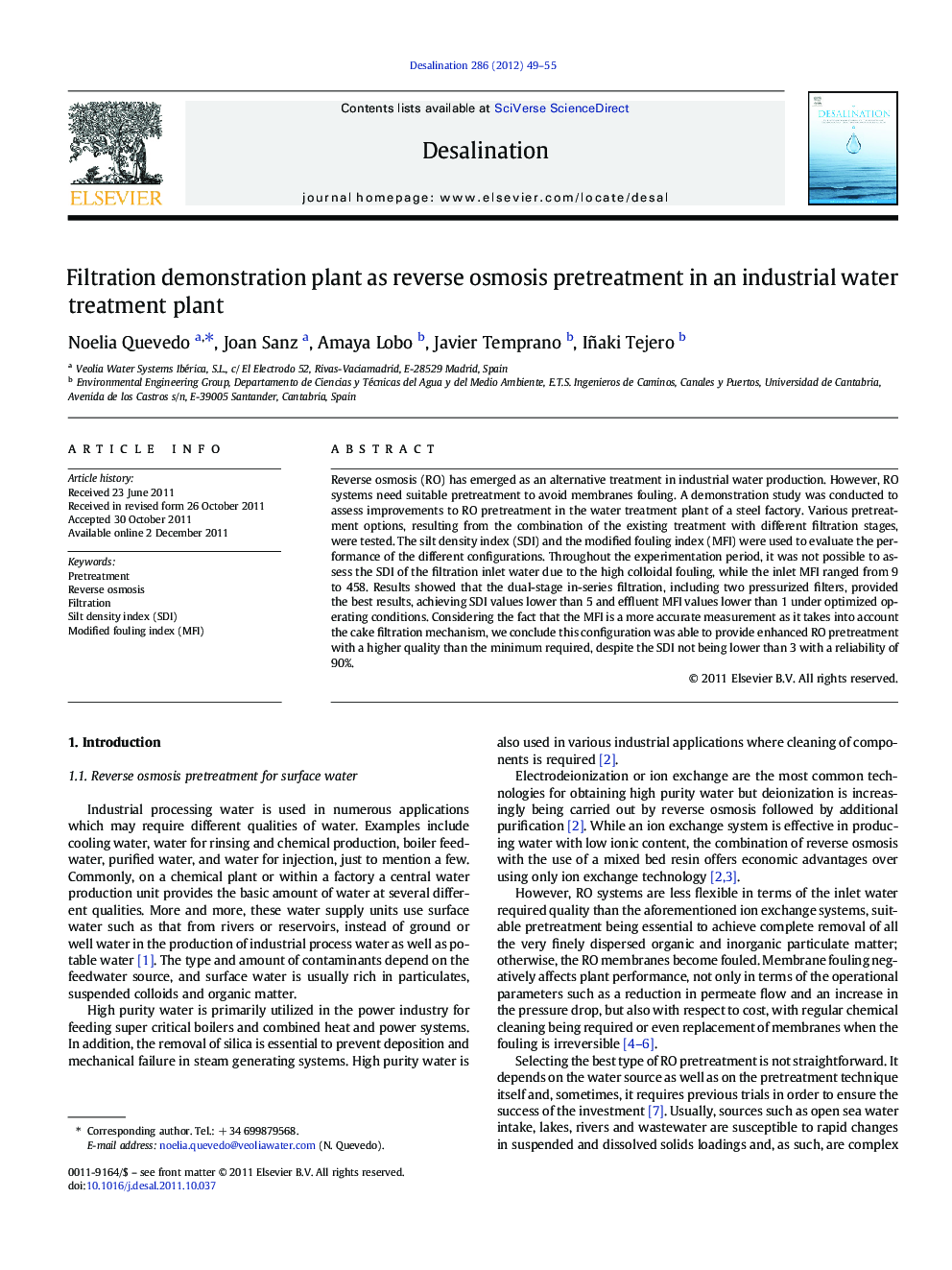 Filtration demonstration plant as reverse osmosis pretreatment in an industrial water treatment plant