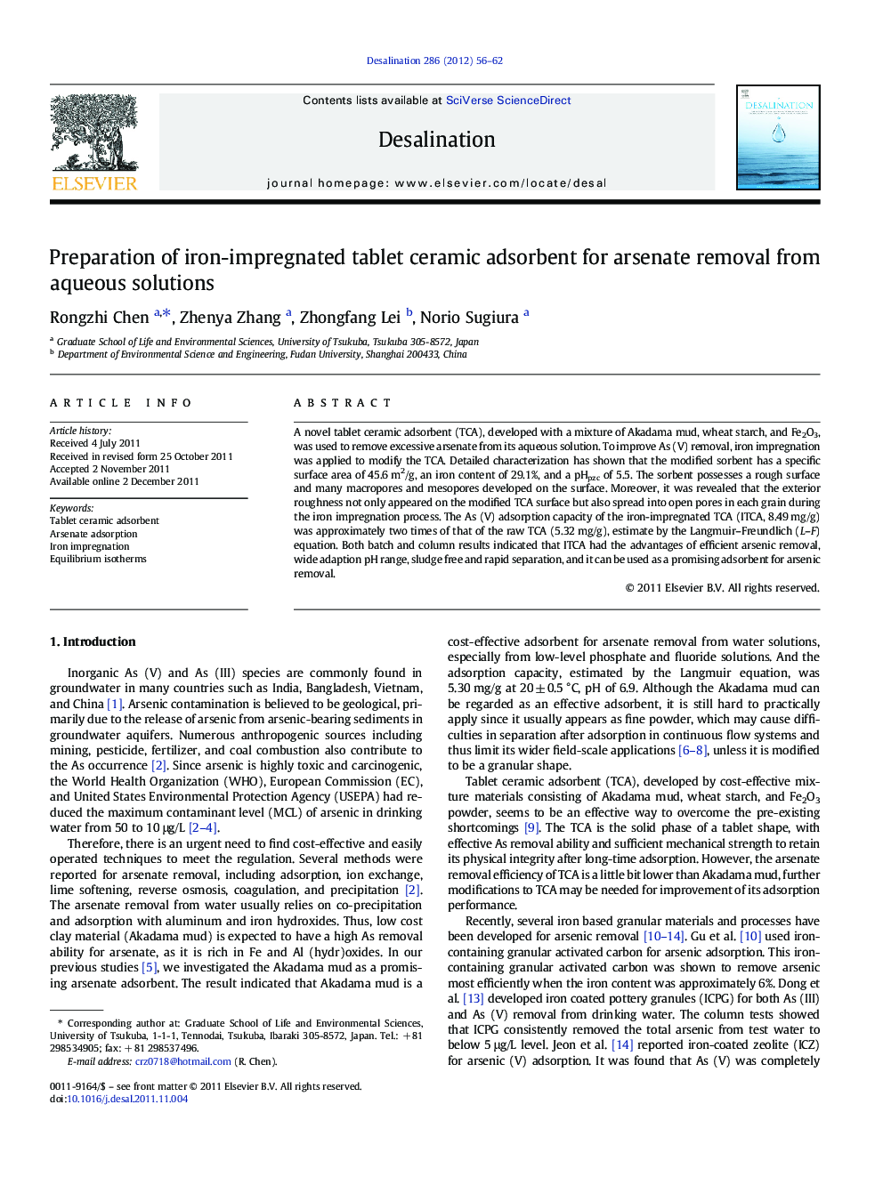 Preparation of iron-impregnated tablet ceramic adsorbent for arsenate removal from aqueous solutions