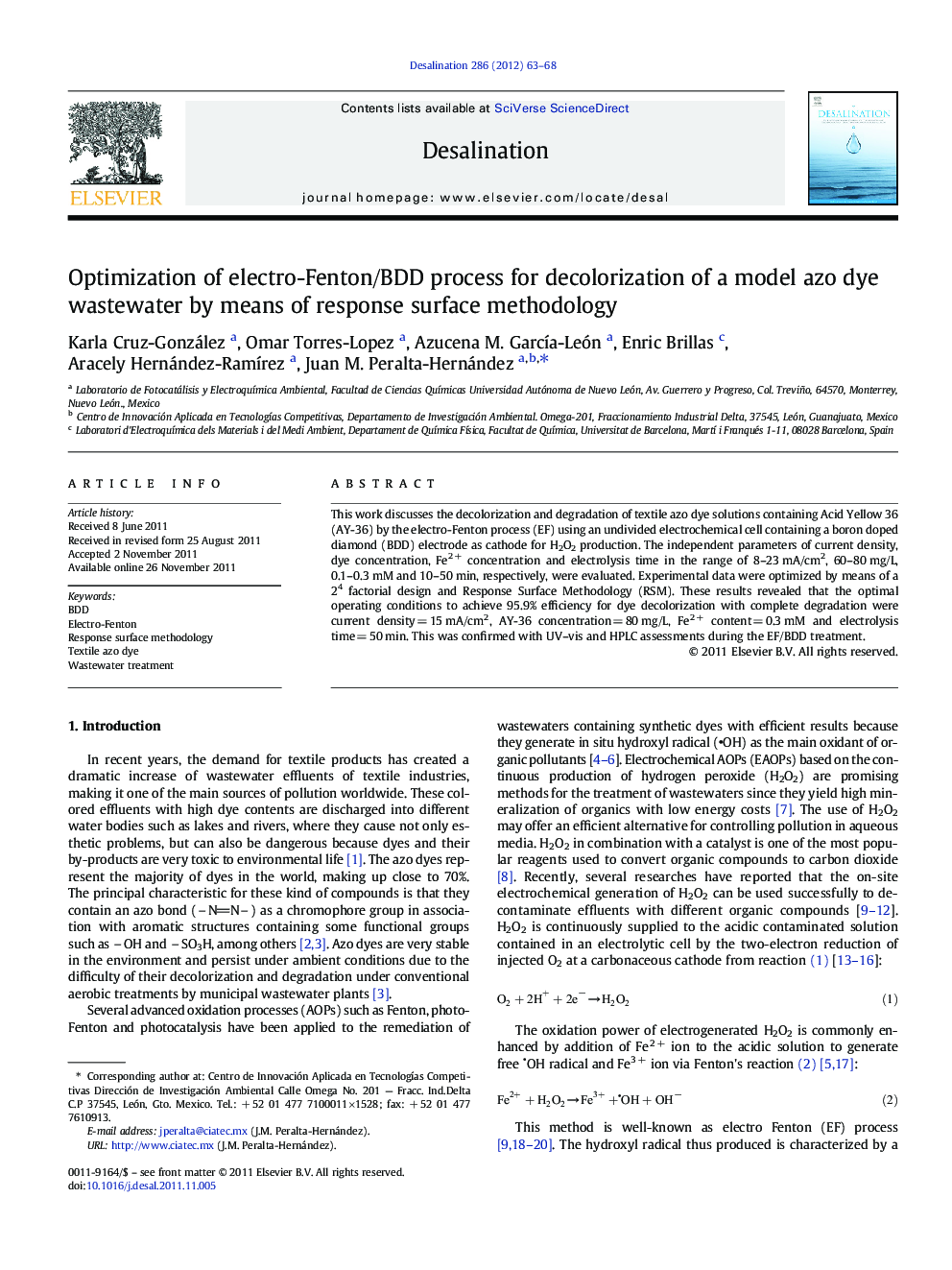 Optimization of electro-Fenton/BDD process for decolorization of a model azo dye wastewater by means of response surface methodology