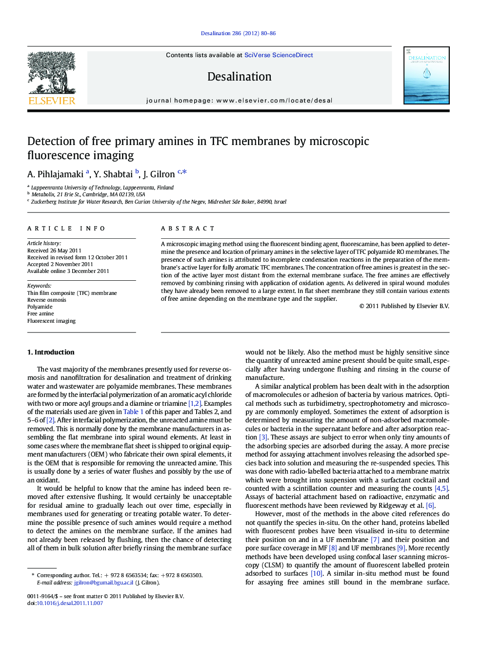 Detection of free primary amines in TFC membranes by microscopic fluorescence imaging