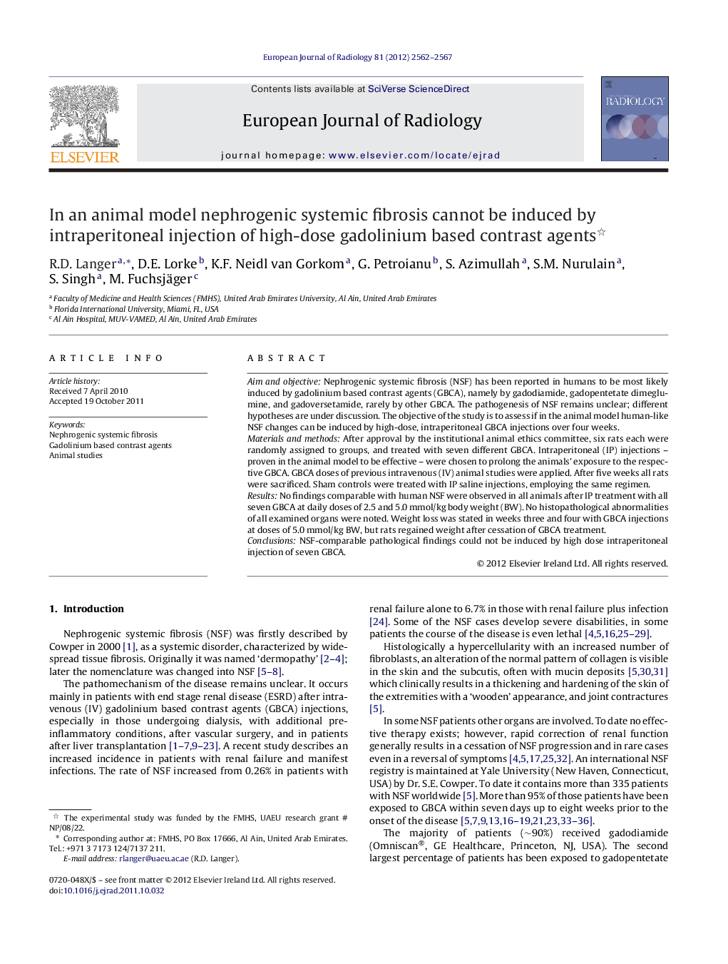 In an animal model nephrogenic systemic fibrosis cannot be induced by intraperitoneal injection of high-dose gadolinium based contrast agents