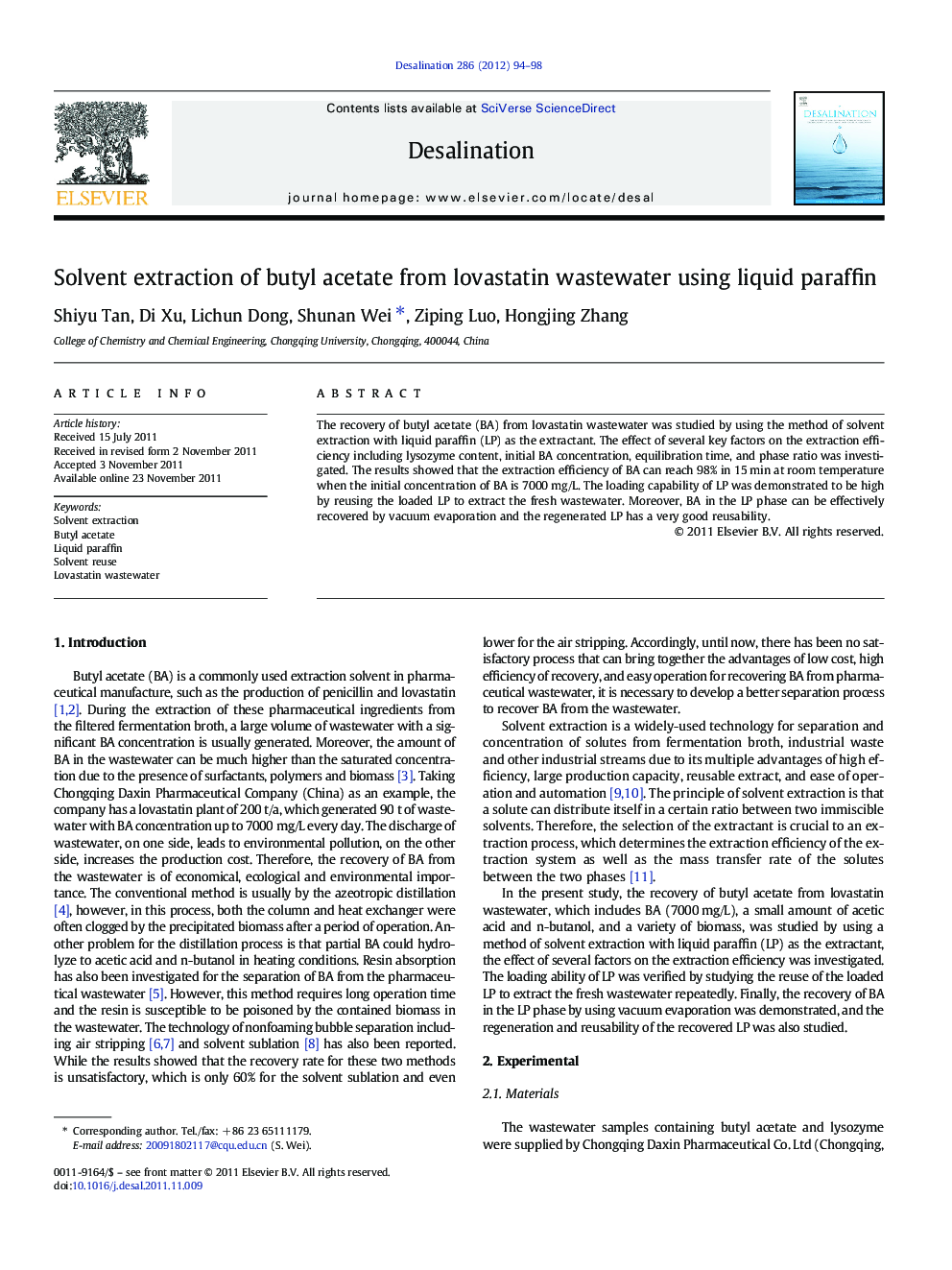 Solvent extraction of butyl acetate from lovastatin wastewater using liquid paraffin