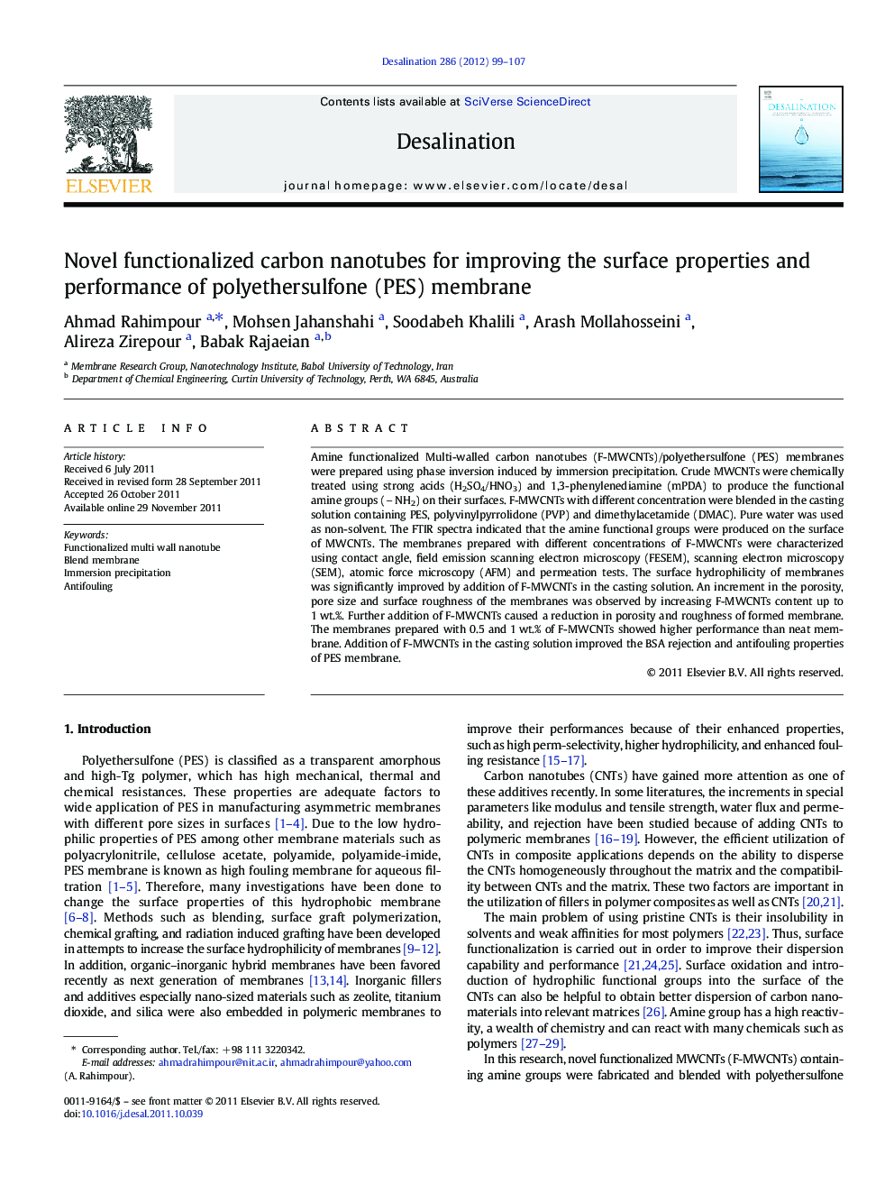 Novel functionalized carbon nanotubes for improving the surface properties and performance of polyethersulfone (PES) membrane