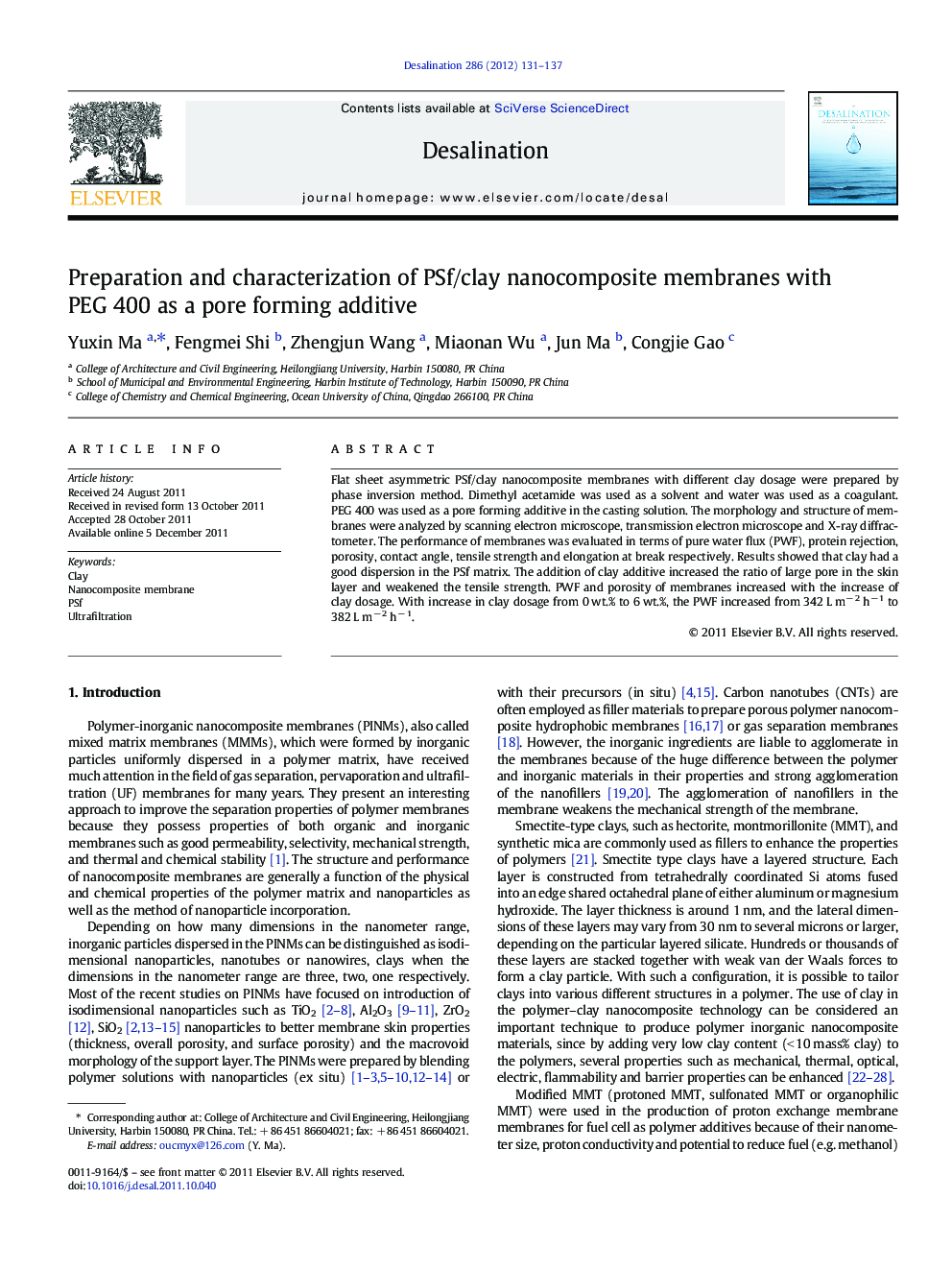 Preparation and characterization of PSf/clay nanocomposite membranes with PEG 400 as a pore forming additive