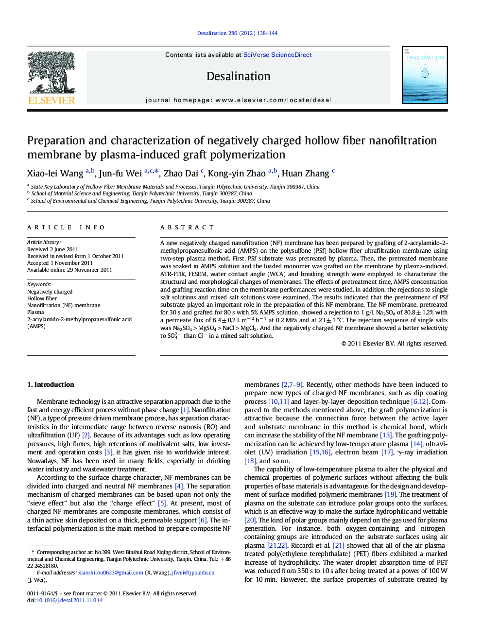 Preparation and characterization of negatively charged hollow fiber nanofiltration membrane by plasma-induced graft polymerization