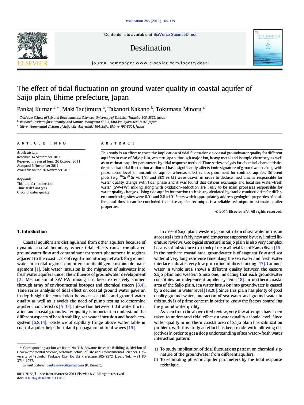 The effect of tidal fluctuation on ground water quality in coastal aquifer of Saijo plain, Ehime prefecture, Japan