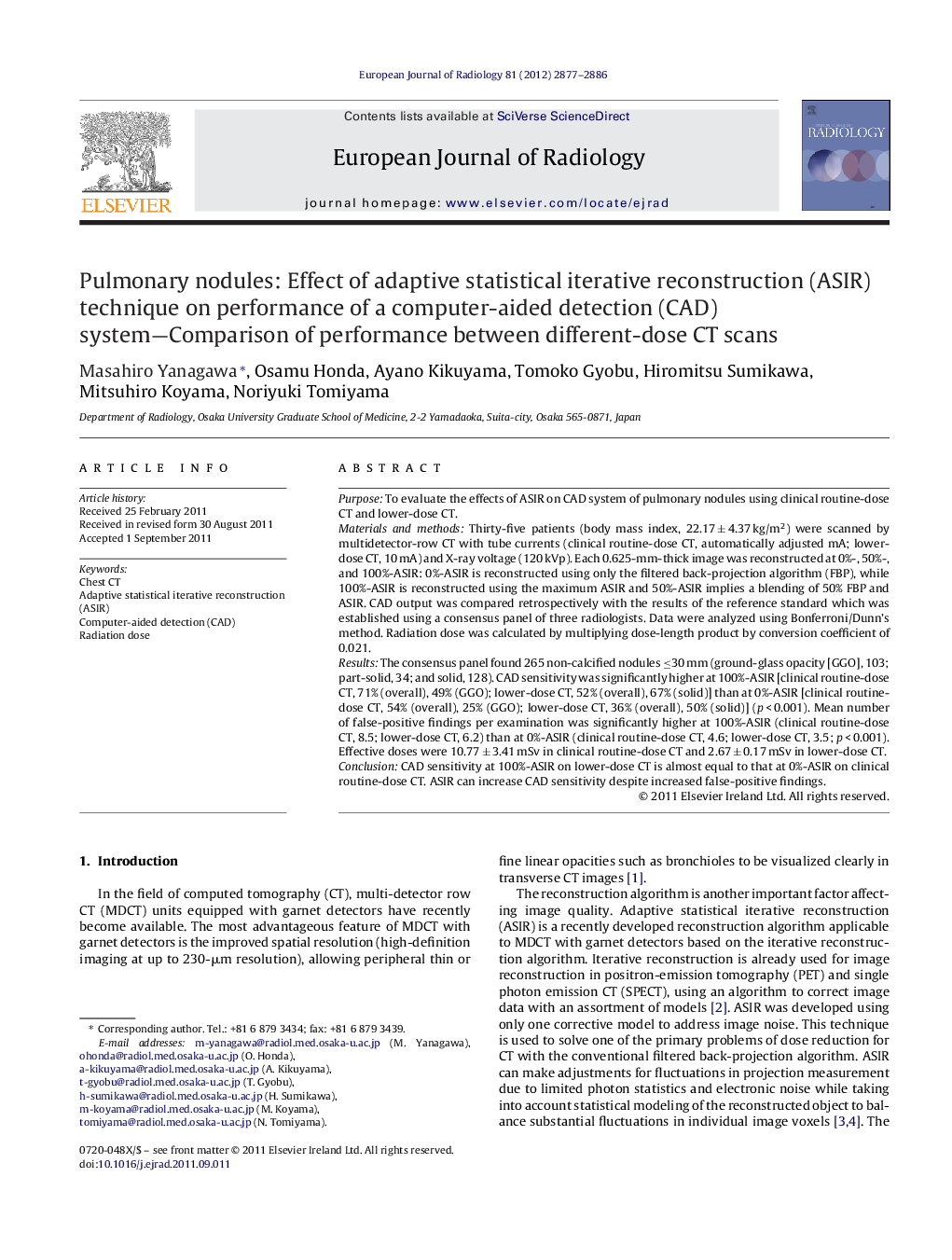 Pulmonary nodules: Effect of adaptive statistical iterative reconstruction (ASIR) technique on performance of a computer-aided detection (CAD) system-Comparison of performance between different-dose CT scans