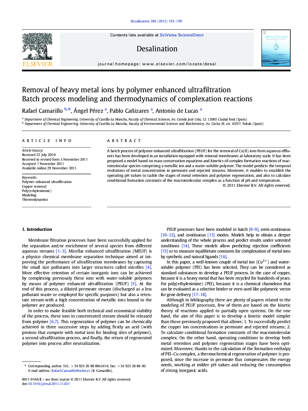 Removal of heavy metal ions by polymer enhanced ultrafiltration: Batch process modeling and thermodynamics of complexation reactions