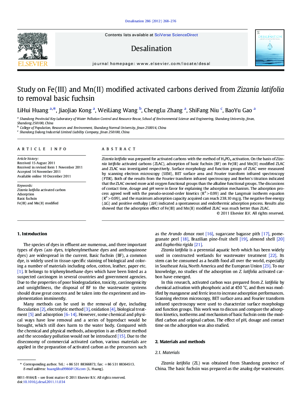 Study on Fe(III) and Mn(II) modified activated carbons derived from Zizania latifolia to removal basic fuchsin