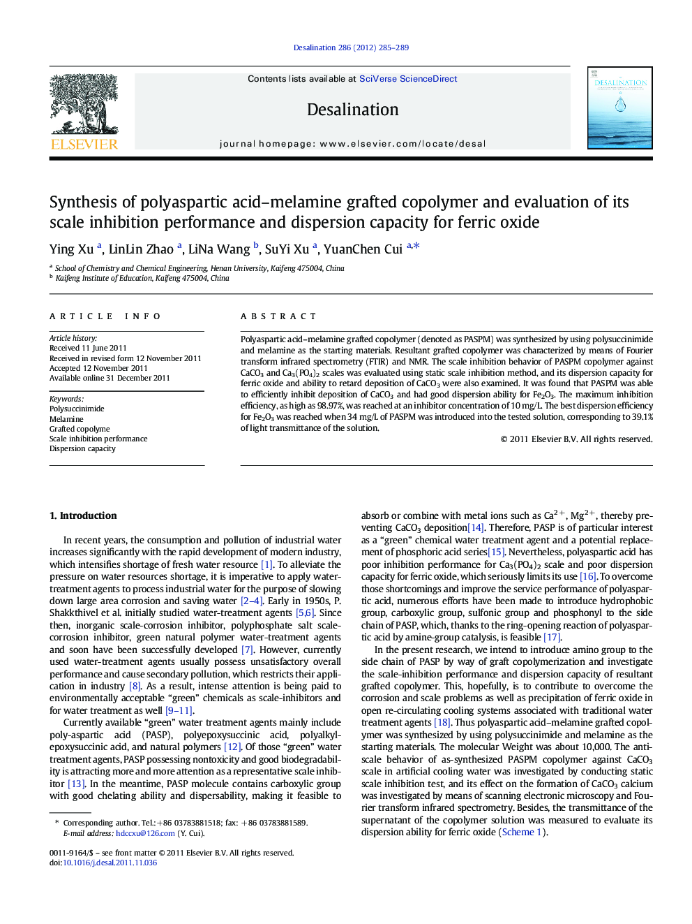 Synthesis of polyaspartic acid–melamine grafted copolymer and evaluation of its scale inhibition performance and dispersion capacity for ferric oxide