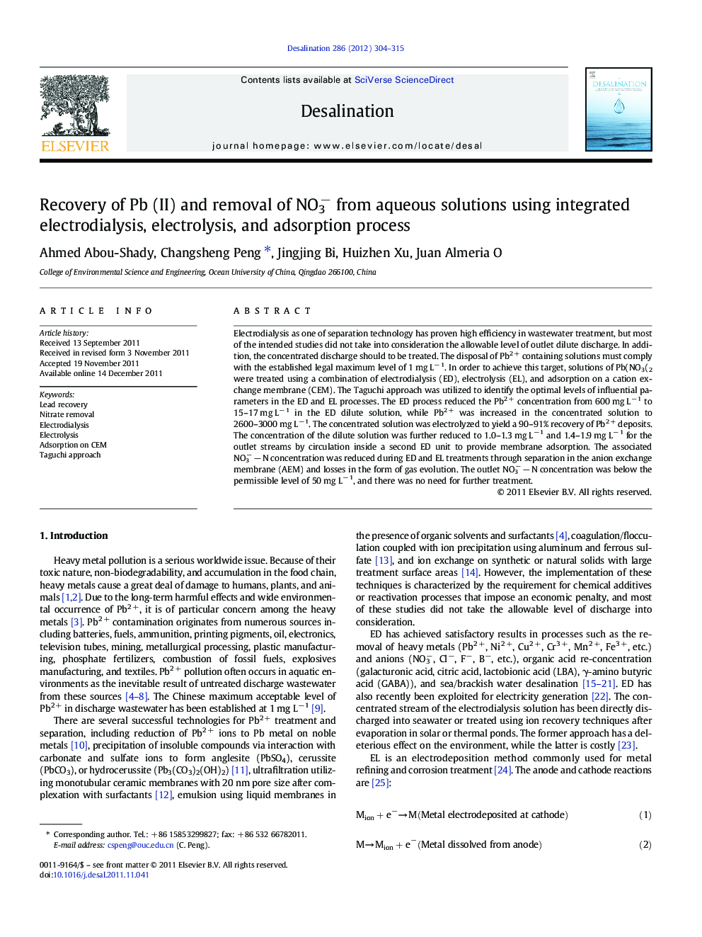 Recovery of Pb (II) and removal of NO3− from aqueous solutions using integrated electrodialysis, electrolysis, and adsorption process