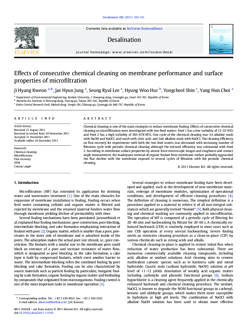 عکس صفحه اول مقاله: Effects of consecutive chemical cleaning on membrane performance and surface properties of microfiltration Effects of consecutive chemical cleaning on membrane performance and surface properties of microfiltration