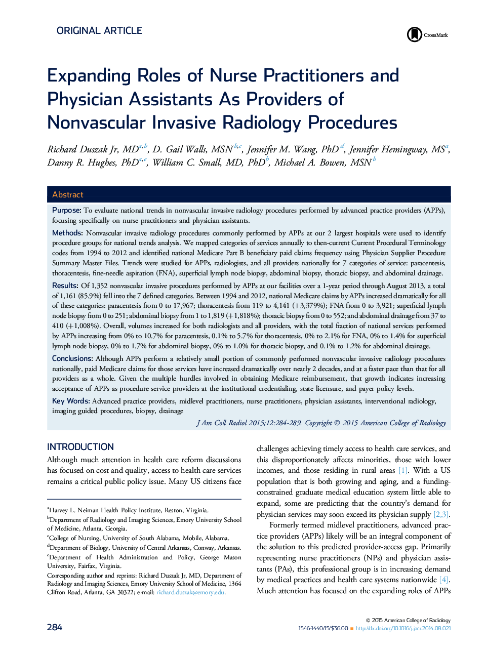 Expanding Roles of Nurse Practitioners and Physician Assistants As Providers of Nonvascular Invasive Radiology Procedures