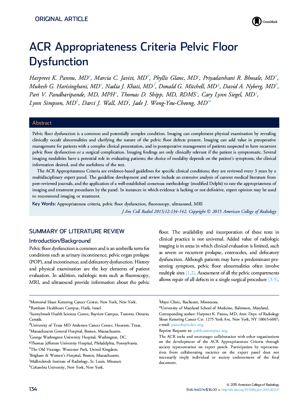 ACR Appropriateness Criteria Pelvic Floor Dysfunction