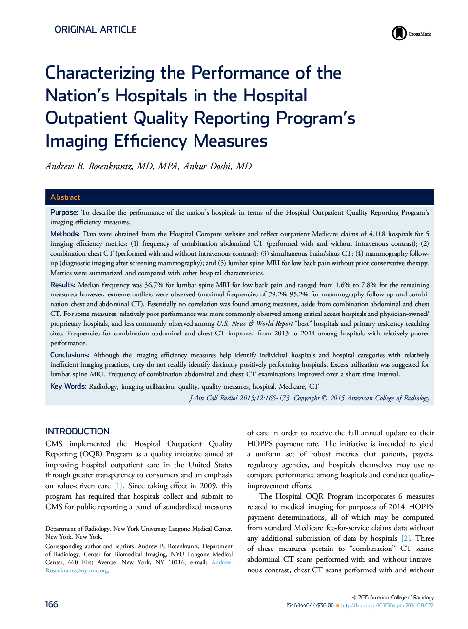 Characterizing the Performance of the Nation's Hospitals in the Hospital Outpatient Quality Reporting Program's Imaging Efficiency Measures