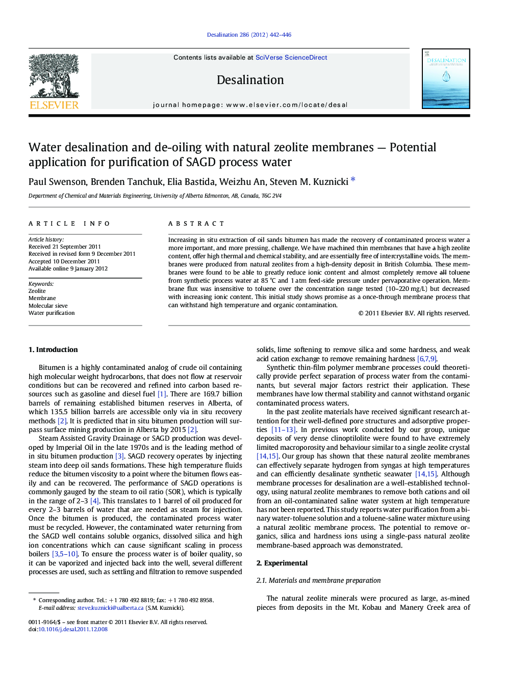 Water desalination and de-oiling with natural zeolite membranes — Potential application for purification of SAGD process water