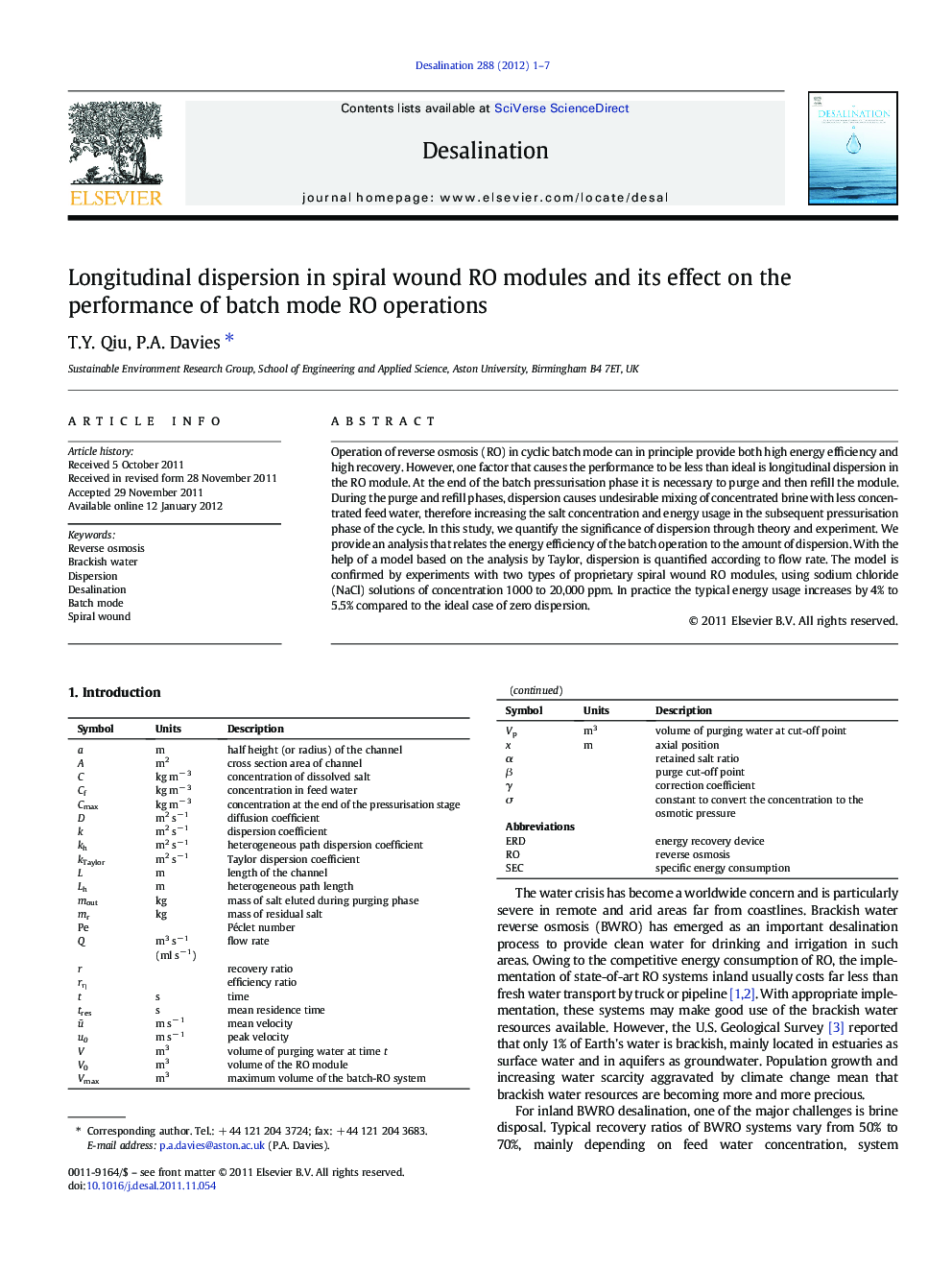 Longitudinal dispersion in spiral wound RO modules and its effect on the performance of batch mode RO operations