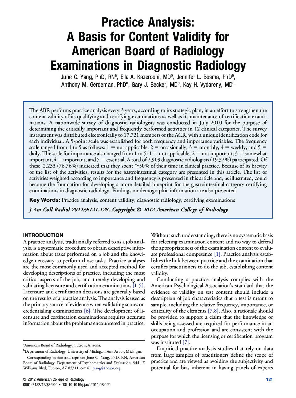 Practice Analysis: A Basis for Content Validity for American Board of Radiology Examinations in Diagnostic Radiology