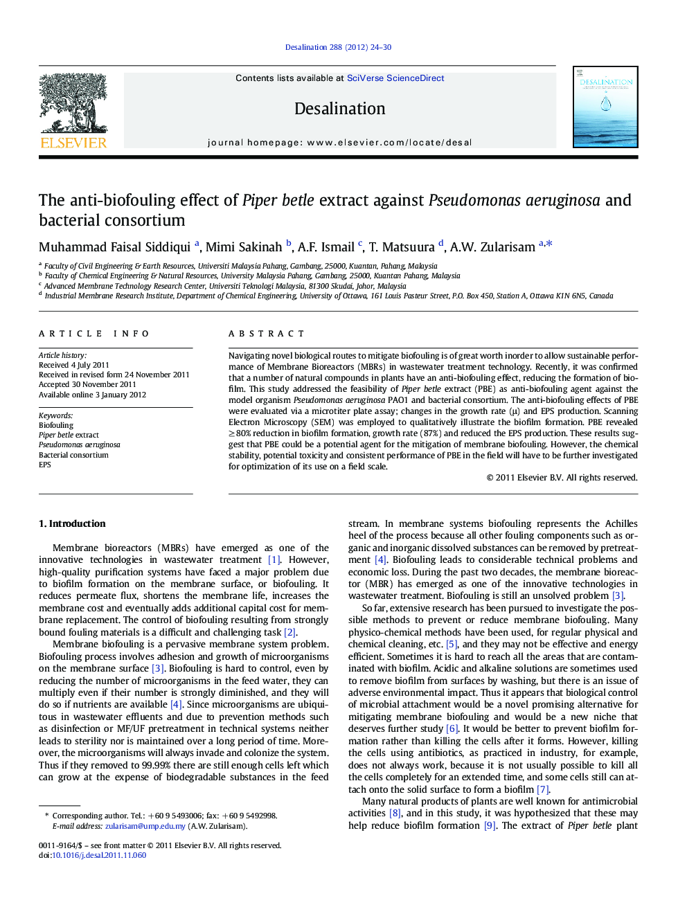 The anti-biofouling effect of Piper betle extract against Pseudomonas aeruginosa and bacterial consortium