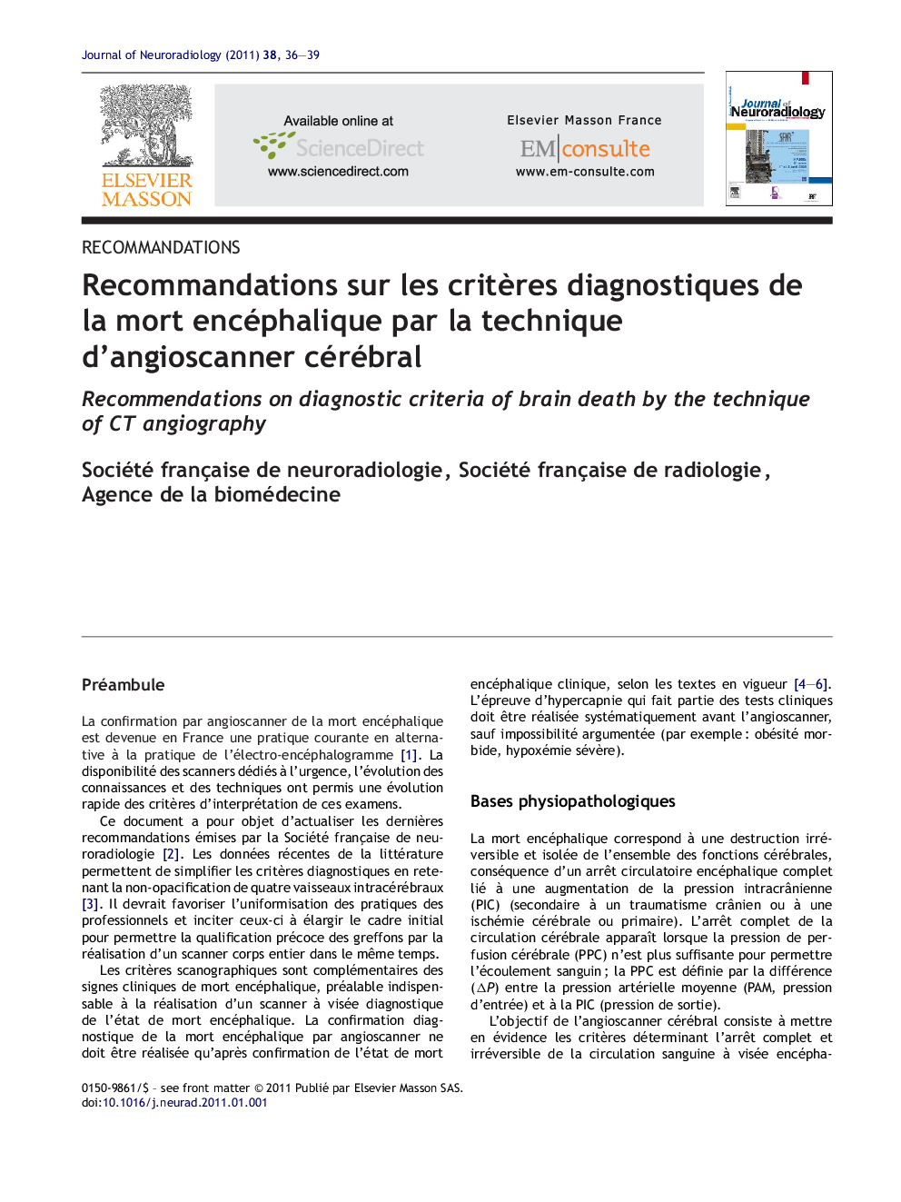 Recommandations sur les critÃ¨res diagnostiques de la mort encéphalique par la technique d'angioscanner cérébral