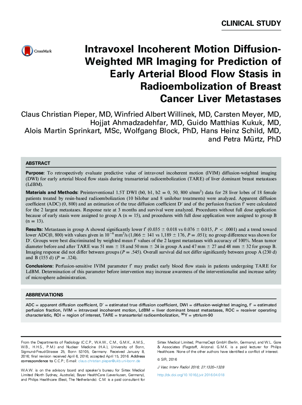 Intravoxel Incoherent Motion Diffusion-Weighted MR Imaging for Prediction of Early Arterial Blood Flow Stasis in Radioembolization of Breast Cancer Liver Metastases