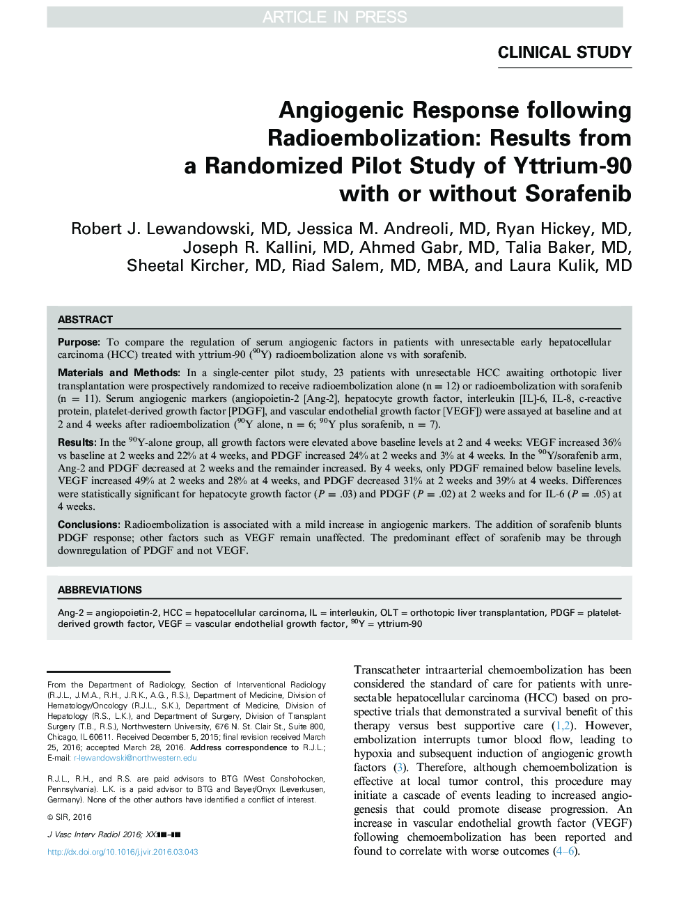 Angiogenic Response following Radioembolization: Results from a Randomized Pilot Study of Yttrium-90 with or without Sorafenib