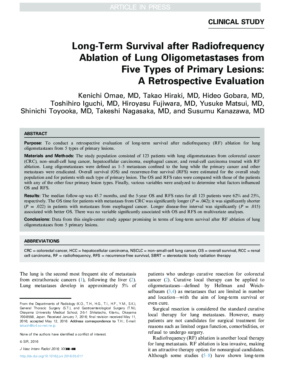 Long-Term Survival after Radiofrequency Ablation of Lung Oligometastases from Five Types of Primary Lesions: A Retrospective Evaluation