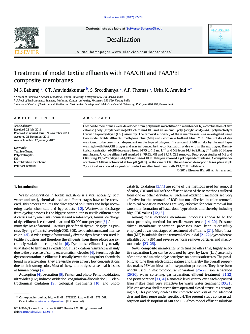 Treatment of model textile effluents with PAA/CHI and PAA/PEI composite membranes