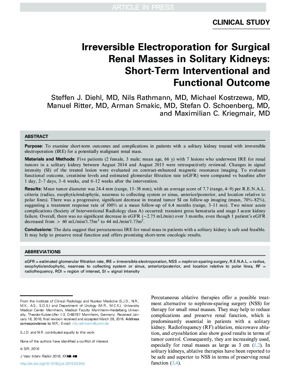 Irreversible Electroporation for Surgical Renal Masses in Solitary Kidneys: Short-Term Interventional and Functional Outcome