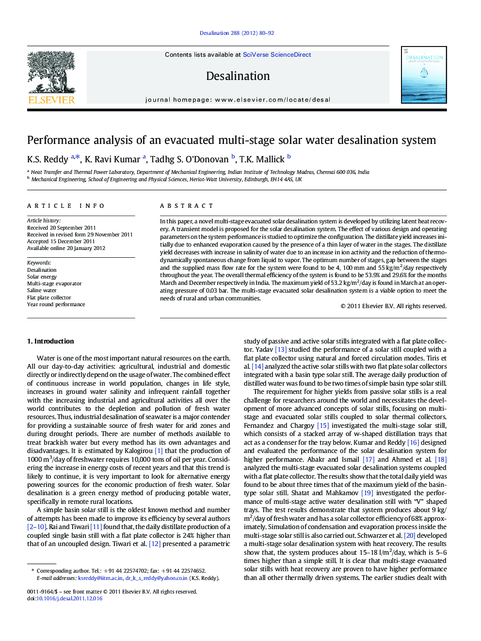 Performance analysis of an evacuated multi-stage solar water desalination system