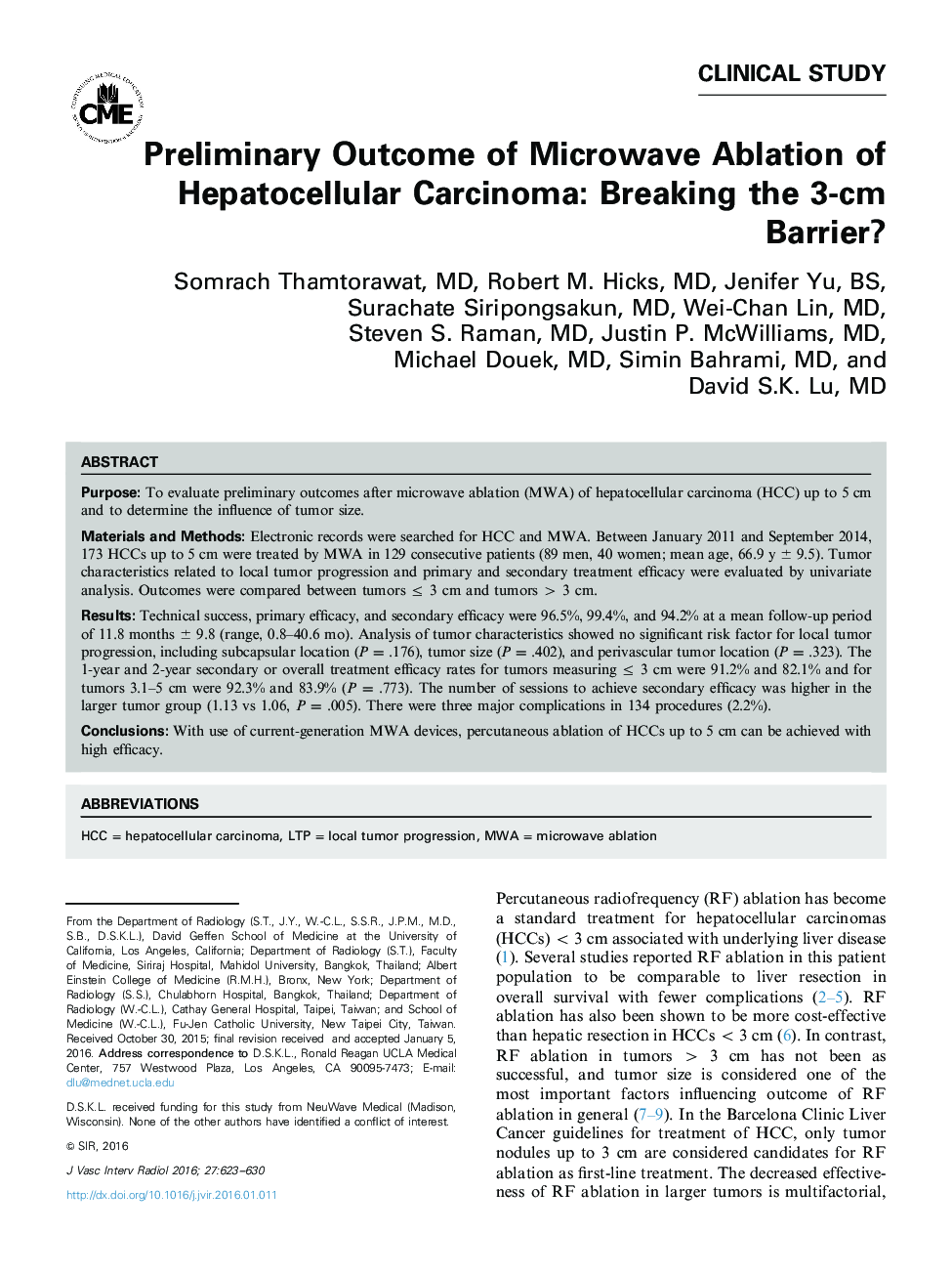 Preliminary Outcome of Microwave Ablation of Hepatocellular Carcinoma: Breaking the 3-cm Barrier?