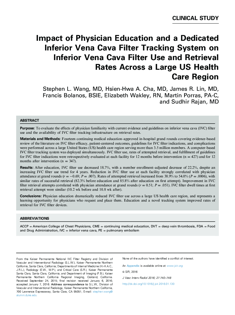 تأثیر آموزش پزشکان و یک سیستم پیگیری اختصاصی فیلتر وینا کوا فیلتر در طبقه پایین وینا کوا فیلتر و استفاده از نرخ بهره در یک منطقه بهداشت و درمان بزرگ ایالات متحده 