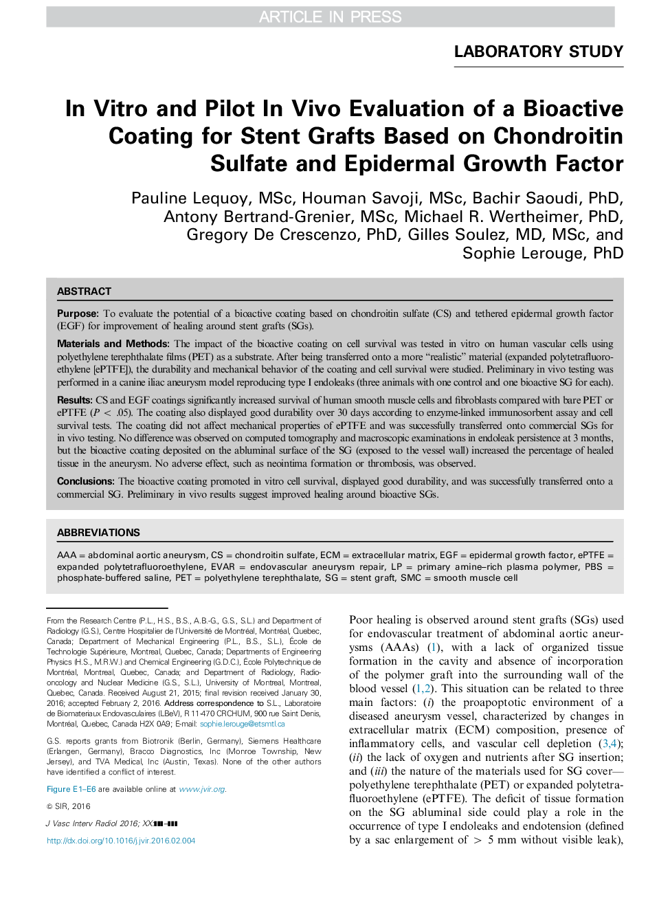 In Vitro and Pilot In Vivo Evaluation of a Bioactive Coating for Stent Grafts Based on Chondroitin Sulfate and Epidermal Growth Factor